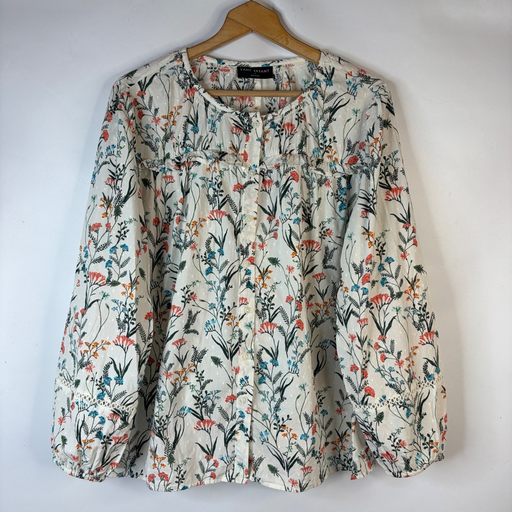 Lane Bryant Blouse Womens 16 White Floral Dobby Cotton Ruffle Button Front Top